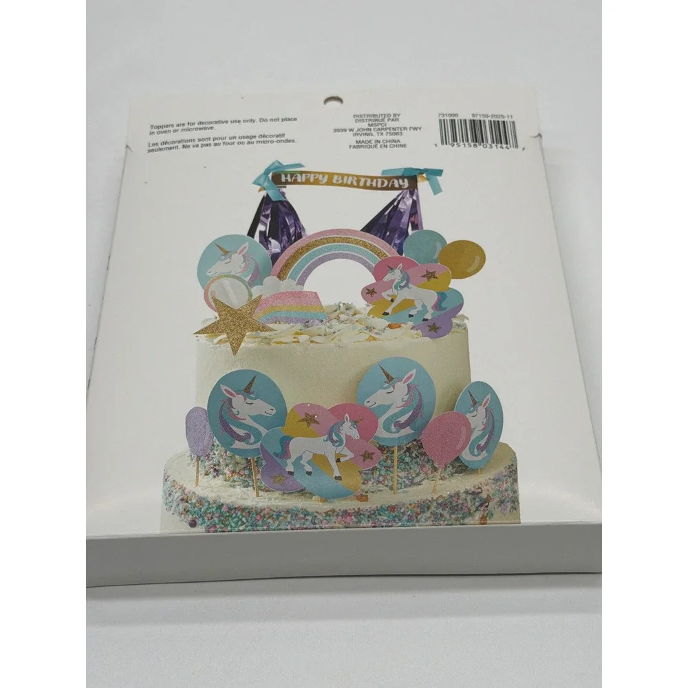 Makery Unicorn Rainbow Cake Topper Set 15pc Happy Birthday Party Decor Glitter